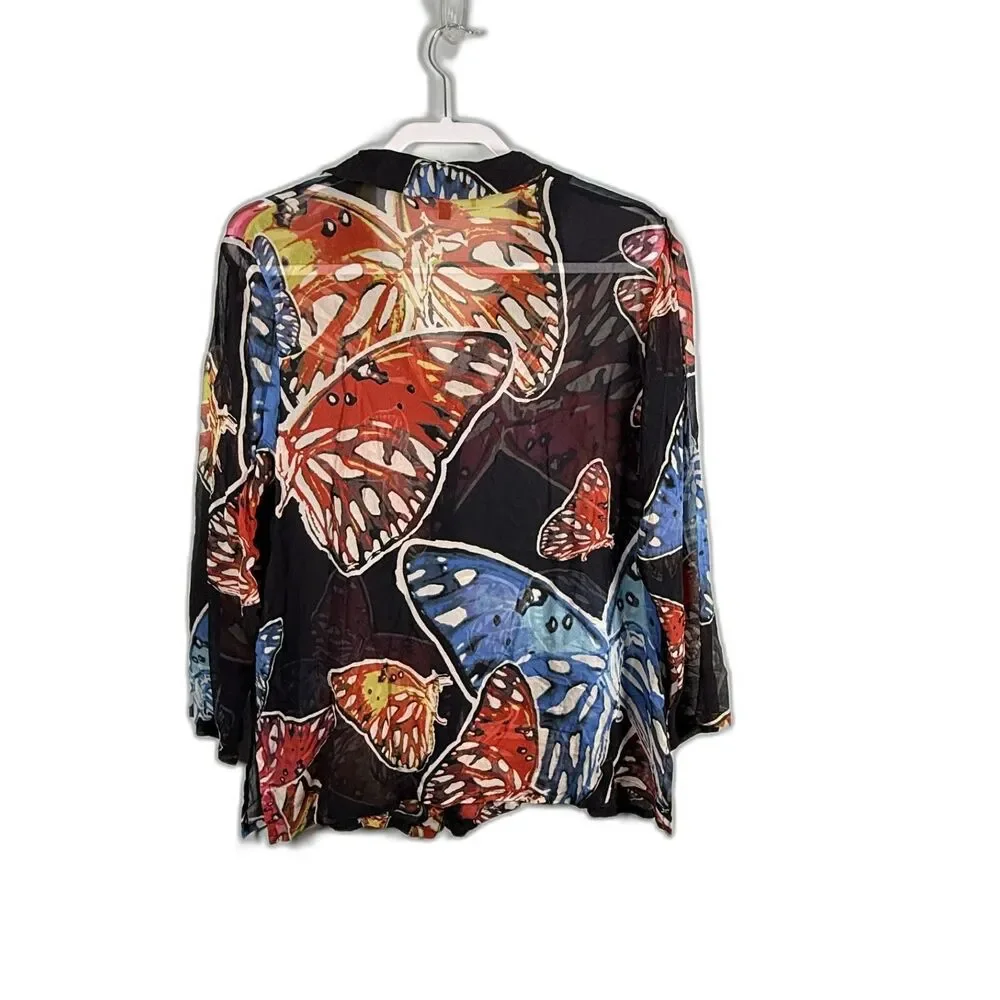 David Dart Silk Top Butterly Semi Sheer Button Up Size 1X USA Festival Vintage